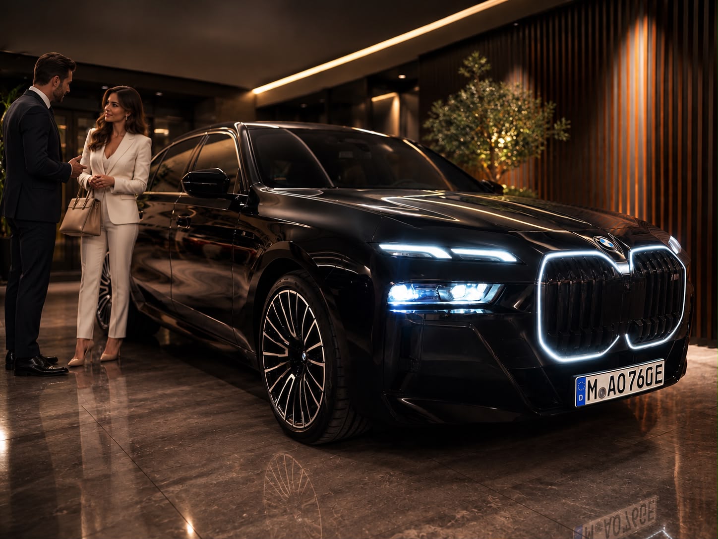 Schwarze BMW-Limousine mit beleuchteter Niere in einem elegant beleuchteten Foyer, davor ein elegant gekleidetes Paar