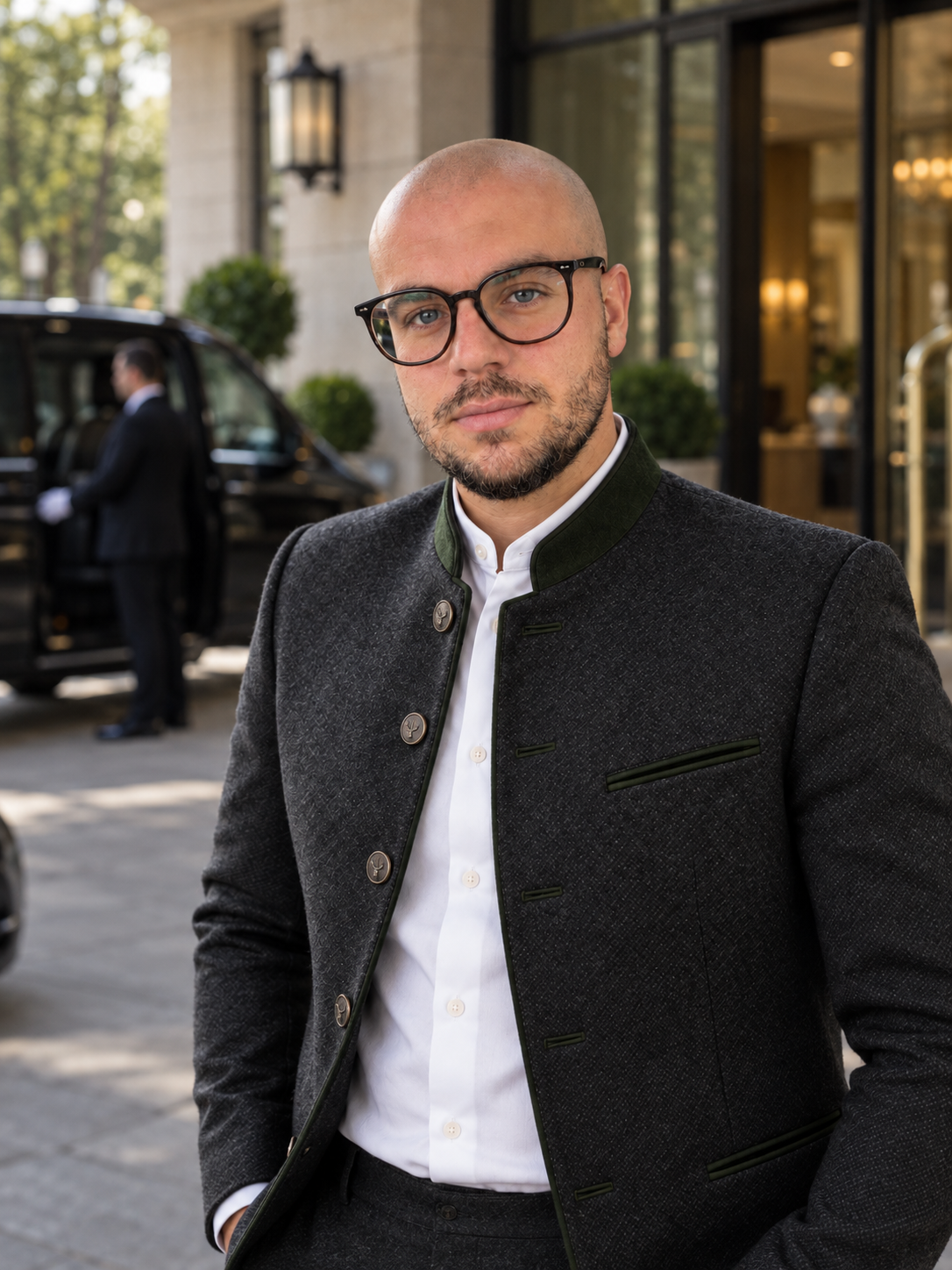 Can Akin, Inhaber von Can Akin Chauffeure Service, in dunklem Janker mit weißem Hemd vor einem Luxushotel-Eingang