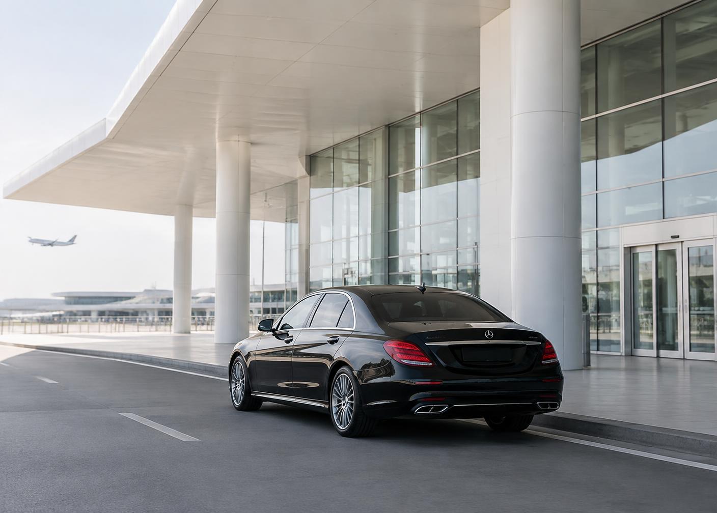 Schwarze Limousine an einem modernen Flughafenterminal bei Tageslicht