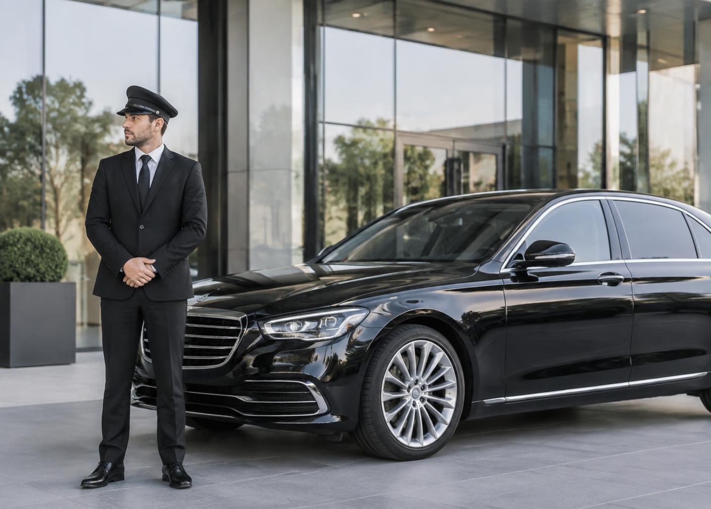 Chauffeur in dunklem Anzug neben einer schwarzen Limousine vor einem modernen Bürogebäude
